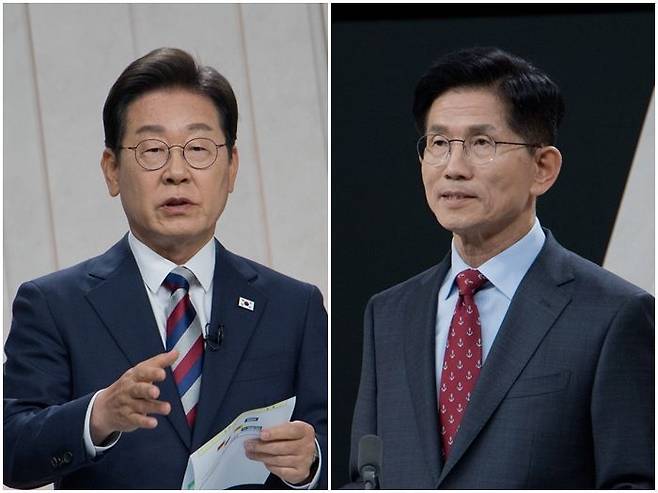 이재명 더불어민주당 대선 후보와 김문수 국민의힘 대선 후보가 27일 저녁 서울 상암동 MBC 스튜디오에서 공방을 벌이고 있다. ⓒ국회사진기자단