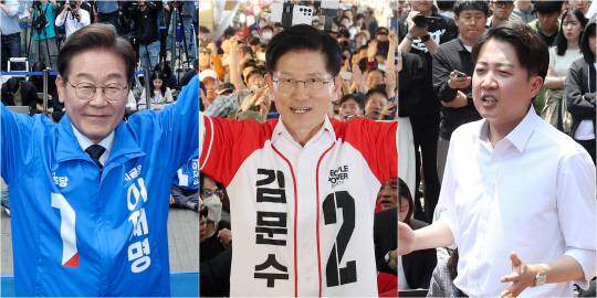 지난 13일 이재명(사진 왼쪽부터) 더불어민주당 대선 후보가 대구광역시 동성로 거리에서, 김문수 국민의힘 대선 후보가 울산 남구 신정시장에서, 이준석 개혁신당 대선 후보가 대구 경북대학교에서 집중 유세를 하고 있다. [연합뉴스]