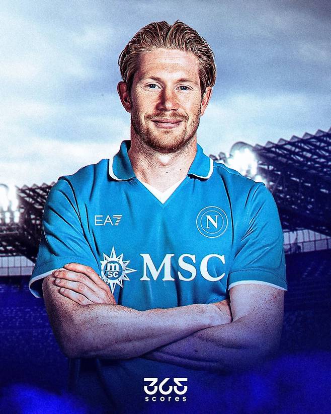 27일 더 브라위너의 나폴리 이적설을 조명한 Score365. 사진은 나폴리 유니폼을 입은 더 브라위너의 합성 사진. 사진=Score365