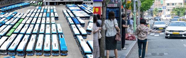 28일 부산지역 시내버스 노조가 전면 파업에 들어가 출근길 시민이 큰 불편을 겪었다. 왼쪽 사진부터 이날 오전 부산 연제구 공영버스차고지에 운행이 중지된 버스들이 주차돼 있는 모습. 연제구 연산교차로 버스정류장에서 시민이 택시를 잡는 모습. 김동하 이원준 기자