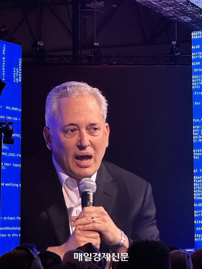 데이비드 삭스 美 백악관 AI 및 크립토 차르가 미국 라스베이거스에서 열린 ‘비트코인 2025’ 행사에서 연설하고 있다. <이종화 기자>