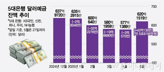 5대은행 달러예금 잔액 추이/그래픽=최헌정