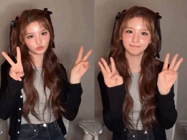 그룹 엔믹스 설윤이 브이 포즈를 했다가 황급히 바꾸는 모습 / 팬 소통 플랫폼 라이브 방송