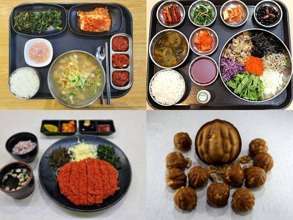 [서울=뉴시스] 왼쪽 위부터 시계방향으로 홍천(양양)휴게소의 '황태국밥', 보성녹차(영암방향)휴게소의 '보성꼬막비빔밥', 칠곡(서울방향)휴게소의 '점보호두과자', 안성(부산)휴게소의 '꼬시래기 등심돈가스'. 2025.05.28. (사진=한국도로공사 제공) photo@newsis.com  *재판매 및 DB 금지