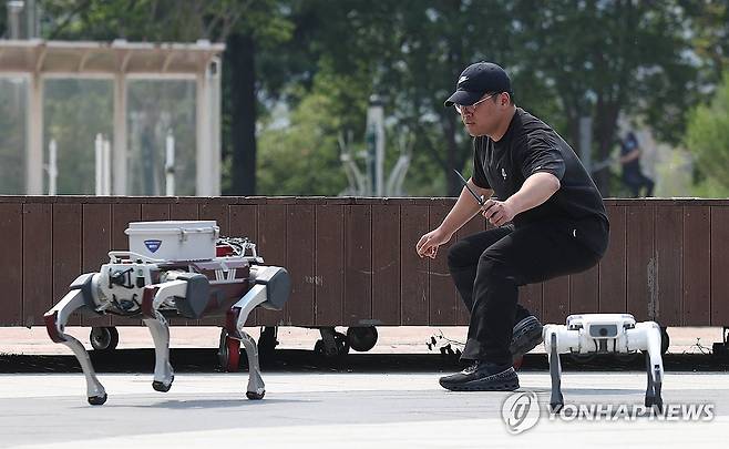 폴리봇과 대치하는 용의자 (대구=연합뉴스) 김현태 기자 = 28일 오후 대구 수성구 수성못에서 열린 대구경찰청의 AI드론·로봇을 이용한 디지털 합동 순찰 시연에서 폴리봇(순찰로봇) 2대가 '성추행 용의자'와 대치하고 있다. 2025.5.28 mtkht@yna.co.kr