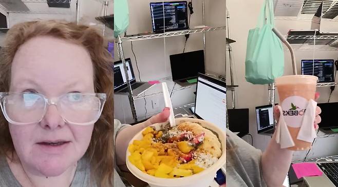 바쁘다 바빠 현대사회 '노트북 농장' 운영자 크리스티나 채프먼이 소셜미디어 계정에서 자신의 아침메뉴를 소개하고 있다. 그 뒤로 다수의 노트북 컴퓨터가 눈에 띈다. 틱톡 캡처. 재판매 및 DB 금지