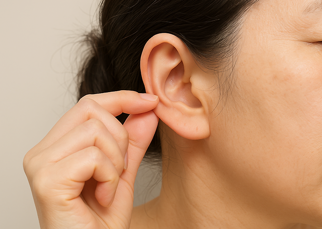 귀를 잡고 있는 여성