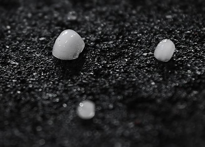 28일 대구 라이온즈파크에서 열린 롯데-삼성전이 1회초 우천으로 중단됐다. 경기장에 떨어진 콩알만한 우박. /정재근 스포츠조선 기자