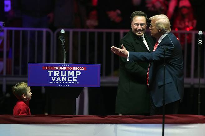 일론 머스크 테슬라 최고경영자(CEO)가 아들 대통령 취임 60주년 전야 집회에 참석하기 위해 도널드 트럼프 대통령 당선인과 함께 연단에 오르고 있다./연합뉴스