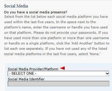 미국의 비자 신청 서식 ‘DS-160’. 최근 5년간 사용한 모든 소셜미디어 계정을 밝히라는 내용이 있다. 
미 국무부 홈페이지 캡처