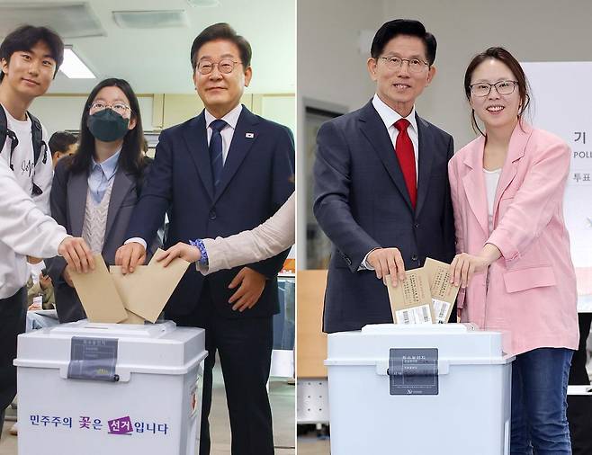 이재명 더불어민주당 대통령 후보가 제21대 대통령선거 사전투표 첫날인 29일 오전 서울 서대문구 구 신촌동주민센터에서 청년들과 사전투표를 하고 있다. 오른쪽은 인천 계양1동 주민센터에서 딸 동주 씨와 투표하는 김문수 국민의힘 후보. 2025.5.29/뉴스1