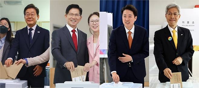 제21대 대통령선거 사전투표 첫날인 29일 더불어민주당 이재명 후보가 서울 서대문구 신촌동 주민센터 사전투표소에서 청년들과(왼쪽부터), 국민의힘 김문수 후보가 인천 계양구 계양1동 주민센터에서 딸 김동주 씨와, 개혁신당 이준석 후보가 경기도 화성시 동탄9동 행정복지센터에서, 민주노동당 권영국 후보가 전남 여수시 주암마을회관에서 각각 사전투표를 하고 있다. 연합뉴스