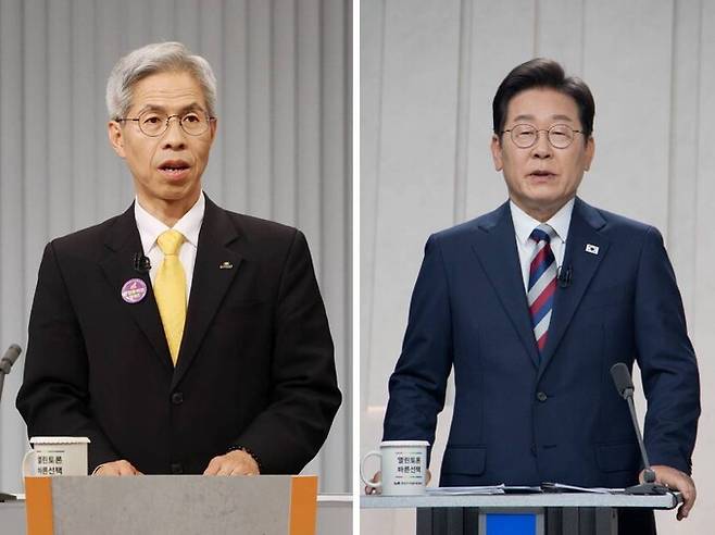 지난 27일 열린 ‘21대 대선 3차 후보자 티브이 토론’에서 권영국 후보가 이재명 후보에게 헌법개정안에 기후위기 대응·생태계·동물보호 등의 내용을 포함할 것인지 물었다. 연합뉴스