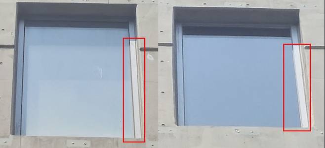 2019년 설치된 창틀 실리콘(왼쪽), 2022년 말 교체된 창틀 실리콘(오른쪽)&nbsp;