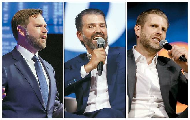 J D 밴스 미국 부통령, 도널드 트럼프 주니어, 에릭 트럼프(왼쪽부터) 등 도널드 트럼프 미국 대통령의 가상자산 최측근들이 미국 라스베이거스에서 28일(현지시간) 열린 '비트코인 2025' 행사에 모여 미국이 디지털금융 패권을 잡아야 한다고 입을 모았다. 이날 행사에는 이들 외에도 데이비드 색스 백악관 가상자산·인공지능(AI) 정책책임자, 신시아 루미스 상원 의원 등 주요 가상자산 인사들이 총출동했다. EPA·AFP연합뉴스