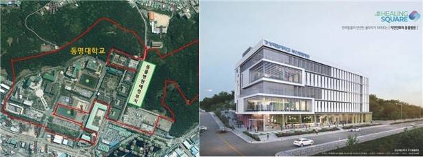 부산 남구 동명대 내부에 들어설 경상국립대 대학동물병원 위치도 및 조감도. 부산시 제공