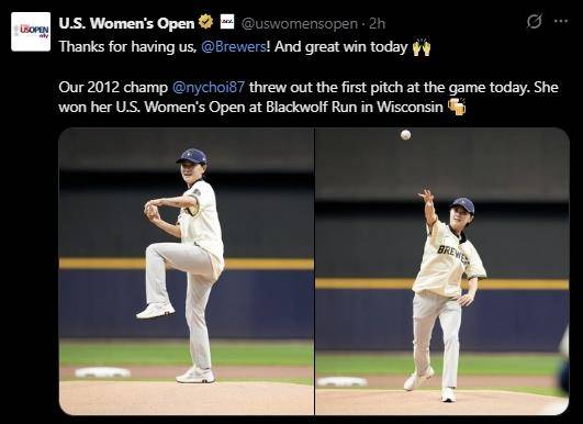 밀워키 브루어스 경기에 시구자로 나선 최나연 [US여자오픈 X 캡처. 재판매 및 DB 금지]