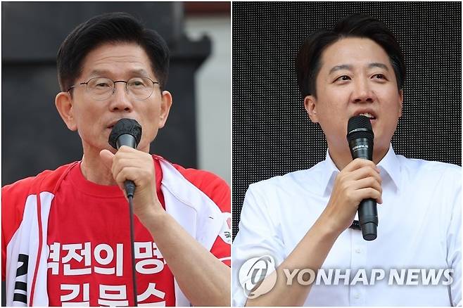 김문수, 이준석 후보 (서산·서울=연합뉴스) 25일 서산에서 집중유세하는 김문수 후보(왼쪽), 종묘 인근 서순라길에서 거리유세하는 이준석 후보