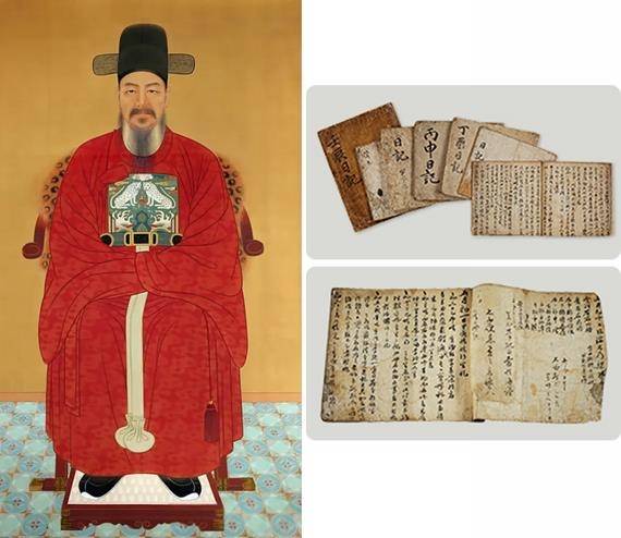 이순신 장군 영정과 난중일기 (좌) 이순신 장군의 영정으로 장우성 화백의 1953년작. 현충사에 소장돼있으며 1973년 정부에서 표준 영정으로 지정.
(우) 난중일기. 초고본 8권 중 7권이 남아서 현충사에 비치 (현충사 홈페이지 캡처)