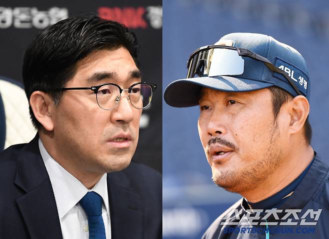 30일 창원 NC파크 '연고지 이전 시사' 발언을 한 이진만 NC 다이노스 대표이사(왼쪽)과 그라운드에서 인터뷰에 응한 이호준 감독. 사진=정재근 기자 cjg@sportschosun.com