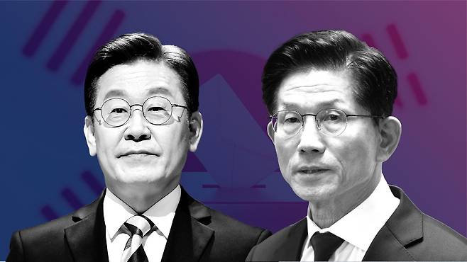 제21대 대통령선거에 출마한 더불어민주당 이재명 후보(왼쪽)와 국민의힘 김문수 후보