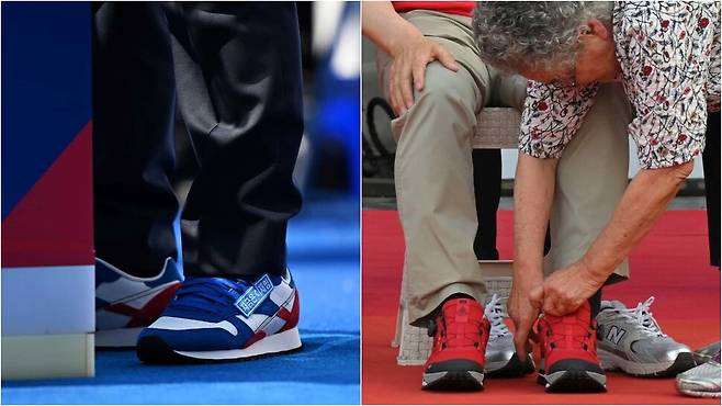 이재명 더불어민주당 대통령 후보가 14일 경북 포항 유세장에서 ‘지금은 이재명’이란 구호가 붙은 운동화를 신고 있다.(왼쪽 사진) 김문수 국민의힘 대통령 후보가 22일 경기 부천에서 한 할머니로부터 빨간 운동화를 선물로 받아 갈아 신고 있다.