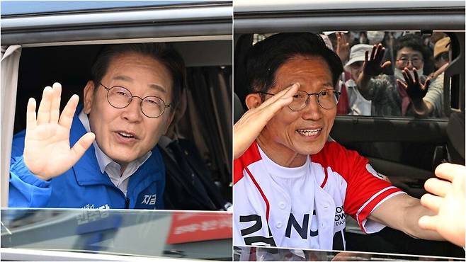 이재명 더불어민주당 대통령 후보가 14일 부산 서면에서 유세를 마친 뒤 차에 타 지지자들에게 손을 흔들어 보이고 있다.(14일 부산 서면) 김문수 국민의힘 대통령 후보가 28일 경남 김해에서 유세를 마친 뒤 떠나며 지지자들에게 경례를 하고 있다.