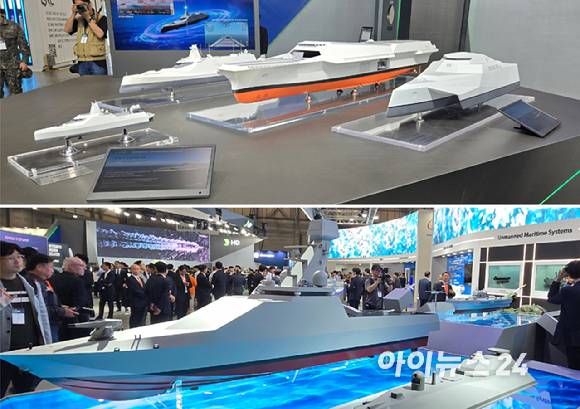 HD현대중공업의 미래함정 콘셉트 'HCX 시리즈'(위)와 한화의 전투용 무인수상정. [사진=최란 기자]