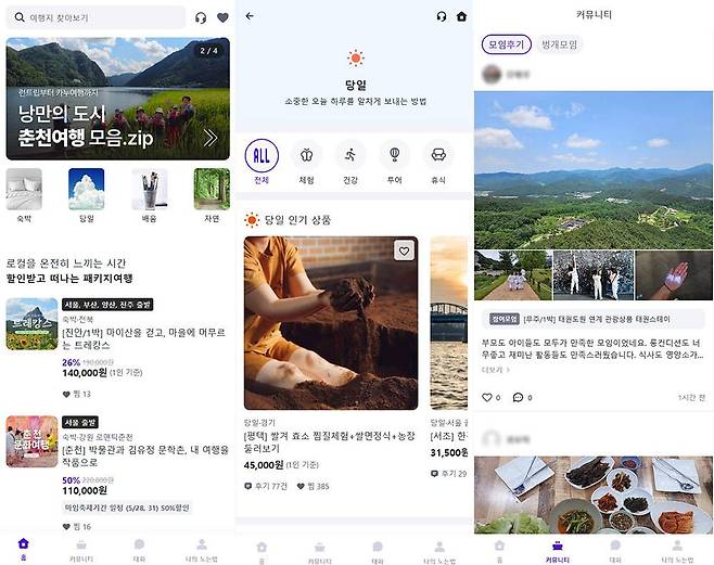 노는법의 실제 서비스 화면, 패키지 여행 형태와 커뮤니티 등의 기능이 있다 / 출처=노는법