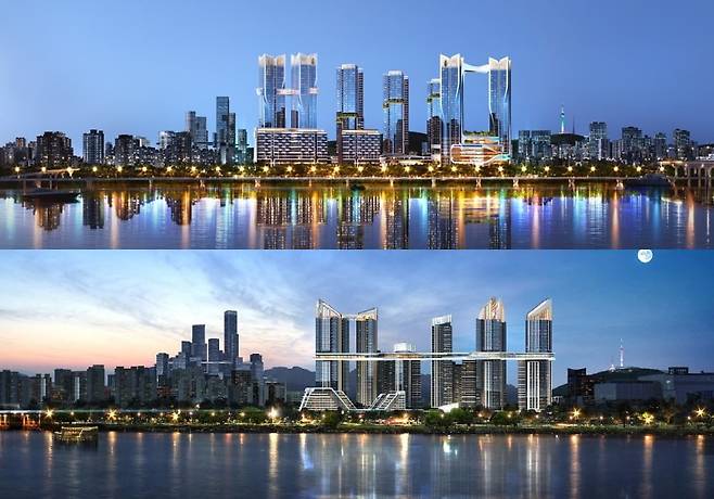 포스코이앤씨(위)와 HDC현대산업개발(아래)의 용산정비창 투시도. 사진=각 사