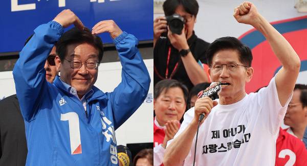 이재명 더불어민주당 대선 후보가 30일 강원 원주시 반곡동 원주행복마당 현장유세에서 지지자들을 향해 두 팔을 들어 ‘하트 모양’을 취하고 있다. 김문수 국민의힘 후보는 이날 원주시 문화의거리 유세에서 ‘제 아내가 자랑스럽습니다’라는 글귀가 인쇄된 티셔츠를 입고 지지를 호소하고 있다. 연합뉴스