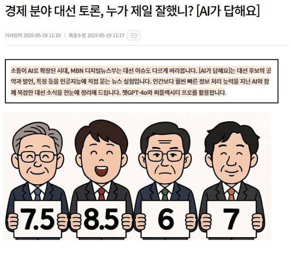 ▲ 5월19일자 MBN '경제 분야 대선 토론, 누가 제일 잘했니?' 기사 갈무리. MBN이 챗GPT로 생성한 이미지다.