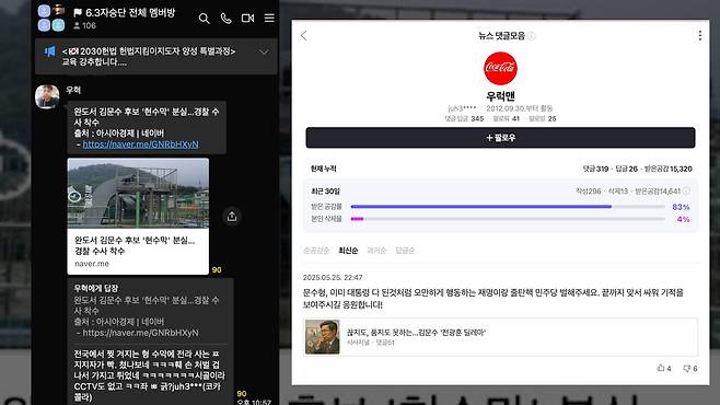 자손단 단톡방에 조장 ‘우혁’이 자신이 댓글을 단 내역과 아이디, 그리고 해당 기사 링크를 공유한 모습(왼쪽)과 ‘우혁’이 사용하는 네이버 아이디와 댓글 이력.