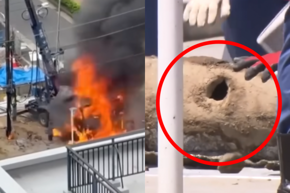 27일 오전 9시 30분쯤 도쿄 에도가와구 히가시카사이의 신축 주택 공사 현장에서 대형 폭발이 발생했다. 현장에서는 지하 약 50~60㎝ 깊이에 매설돼 있던 가연성 가스인 ‘아세틸렌가스’가 담긴 가스통(붉은 원)이 발견됐다. 닛테레 캡처