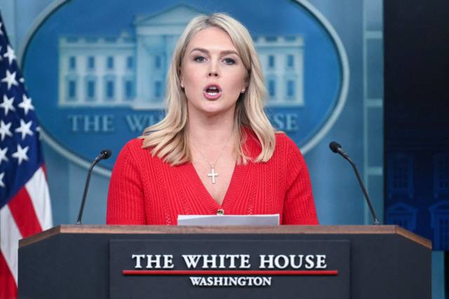 캐롤라인 레빗 백악관 대변인이 29일(현지 시간) 백악관에서 정례브리핑을 하고 있다. AFP연합뉴스