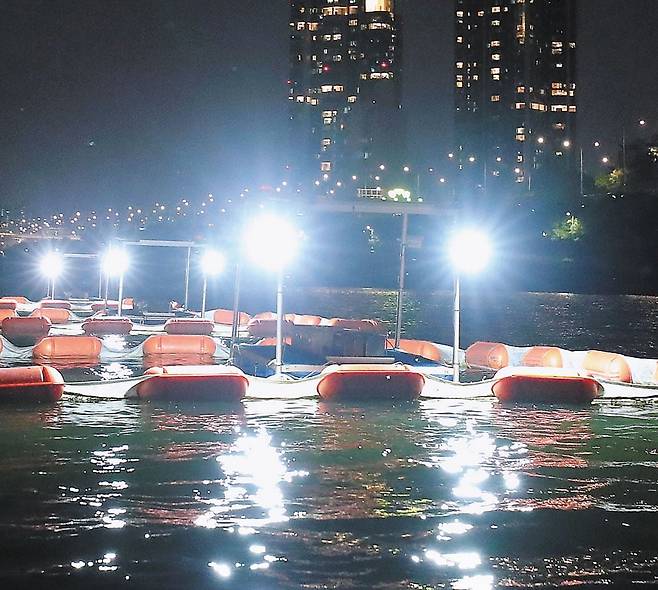 바지선으로 날벌레 유인 - 29일 밤 서울 성동구 영동대교 위에 떠있는 '날벌레 유인용' 바지선 3척의 모습. /장경식 기자