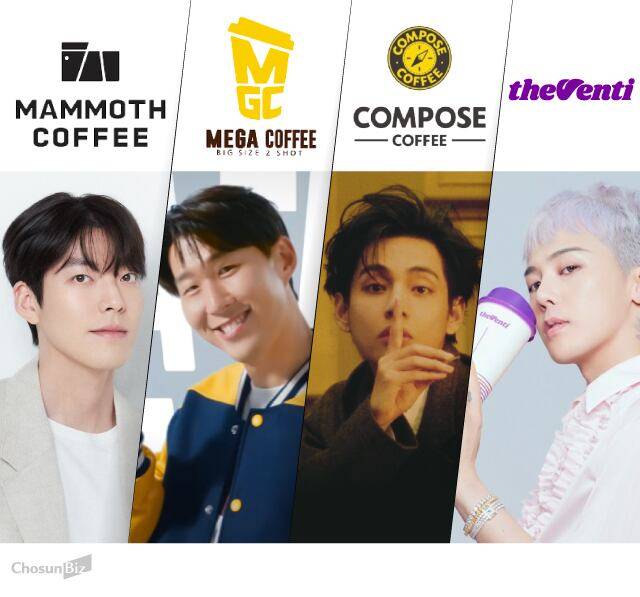 (왼쪽부터) 메머드커피 모델 배우 김우빈, 메가MGC커피 모델 축구선수 손흥민, 컴포즈커피 모델 BTS 멤버 뷔, 더벤티 모델 지드래곤(G-Dragon). /그래픽=손민균