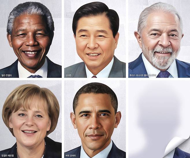 국민 주권을 위임받은 최고 지도자들의 취임 연설에는 시대를 읽고 미래를 제시하는 비전, 나아가 당사자의 삶의 철학이 담기게 마련이다. 특히 강고한 기득권의 벽을 깨고 ‘최초’의 명예를 얻은 지도자들의 연설은 개인의 성공을 넘어 보편적 가치의 확대를 증명하는 웅변으로 감동을 준다. 사진은 윗줄 왼쪽부터 취임 순으로 배열했다. 그래픽 노수민 기자 bbluedahlia@hani.co.kr, 위키미디어 코먼스, 한겨레 자료사진, 로이터 연합뉴스