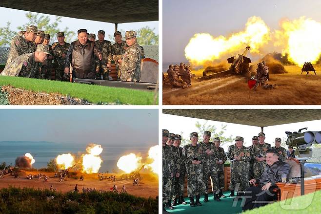 (평양 노동신문=뉴스1) = 김정은 북한 노동당 총비서가 5월 인민군 대연합부대 포병구분대들 사이의 포사격 경기를 참관한 모습. [국내에서만 사용가능. 재배포 금지. DB 금지. For Use Only in the Republic of Korea. Redistribution Prohibited] rodongphoto@news1.kr