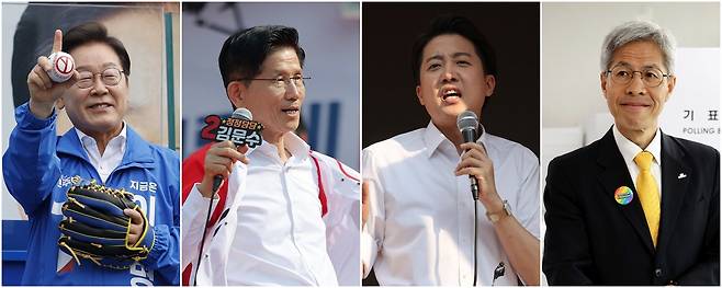 지난달 29일 6·3 대선에 나선 이재명 더불어민주당 후보(사진 왼쪽부터)가 서울 송파구 잠실종합운동장 광장에서, 김문수 국민의힘 후보가 경기 안산시 안산문화광장에서, 이준석 개혁신당 후보가 서울 성북구 안암역 인근에서, 권영국 민주노동당 후보가 전남 여수시 주암마을회관에 마련된 사전투표소에서 지지를 호소하고 있다. 연합뉴스
