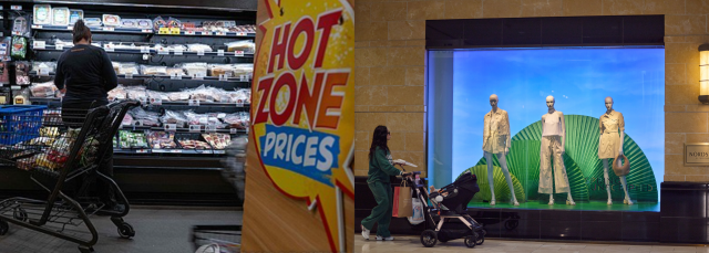 미국의 한 소매점 방문객이 ‘파격가’ 코너에서 장을 보고 있고(왼쪽), 로스앤젤레스의 번화가에서 한 여성이 백화점 쇼윈도를 바라보며 지나가고 있다. /AFP·EPA연합뉴스