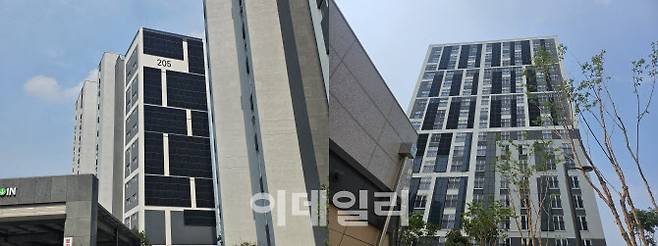 서울 강동구 강일동 소재 고덕 온빛채 전경. 아파트 전면부와 측벽에 태양광 패널이 설치돼 있는 모습. (사진=최영지기자)