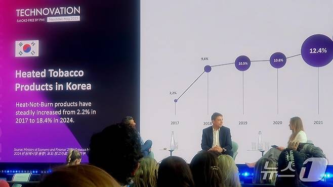 바실리스 가젤리스(Vassilis Gkatzelis) 필립모리스 인터내셔널(Philip Morris International Inc) 동아시아·호주 및 글로벌 면세사업부 총괄 사장은 지난달 27일(현지시간) 스위스 뇌샤텔 PMI R&D센터 더 큐브에서 열린 '테크노베이션2025'에서 담배 연기 없는 미래 비전에 대해 설명하고 있다. 2025.5.27/뉴스1 ⓒ News1 김명신 기자