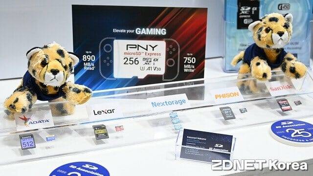 컴퓨텍스 2025 SD협회 부스에 각 제조사가 출품한 SD 익스프레스 카드. (사진=지디넷코리아)