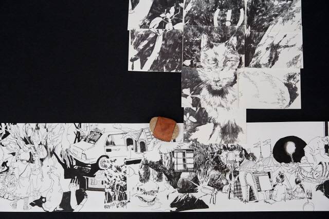 ▲ 위쪽은 ‘DANGER’, 2024, 종이에 연필, 14.8 × 21㎝, 9장. 아래는 ‘오늘밤 이곳은 불이 꺼지지 않는다(부분), 2021, 롤지에 펜, 30 × 270㎝.