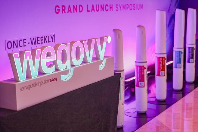Wegovy products are displayed at a launch event in Seoul on Oct. 15 to mark Wegovy's arrival in Korea. [YONHAP]