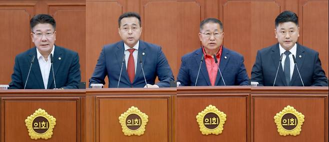 2일 오전 열린 대전시의회 본회의에서 송활섭, 김영삼, 이한영, 방진영 의원이 5분자유발언을 하고 있다. 대전시의회