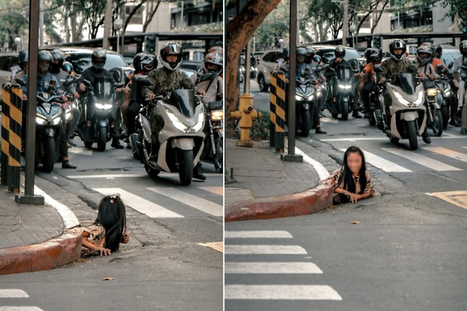 하수구 구멍에서 한 여성이 나오고 있다. [사진 = 인스타그램 iammrthirty]