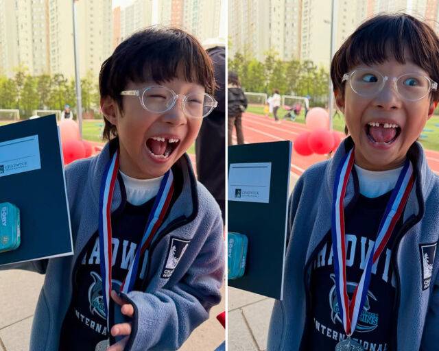 이시영의 아들이 국제학교에서 체육대회 후 메달을 받았다. / 이시영 소셜미디어 캡처