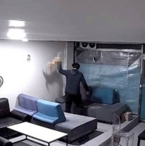 부산의 한 사무실에서 30대 남성이 고양이를 학대하고 있다. [부산동물사랑길고양이보호연대 ]